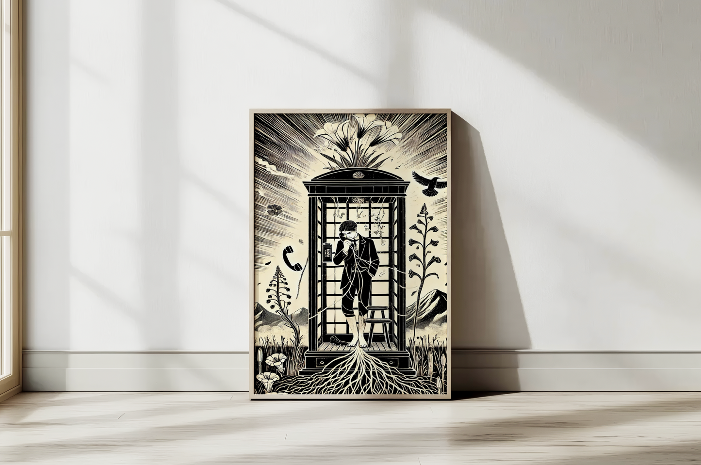Ilustración original de Fran J. Tapia Lobo basada en el soneto de Lorca “El poeta habla por teléfono con el amor”. Arte poético en papel museo 30x40 cm.