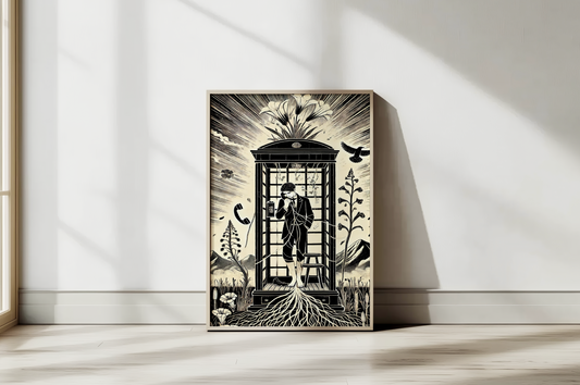 Ilustración original de Fran J. Tapia Lobo basada en el soneto de Lorca “El poeta habla por teléfono con el amor”. Arte poético en papel museo 30x40 cm.

